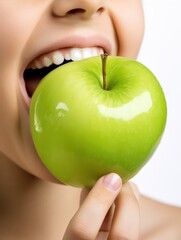 happy Child with ideal teeth eating green apple. Little Handsome girl with Health food. advertising of dentistry and healthy lifestyle