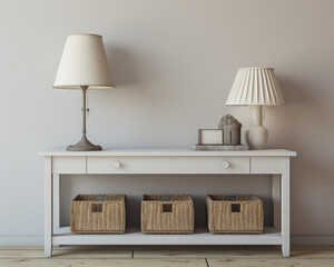 Sophisticated white modern console table with Elegant Lighting and Decor