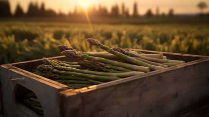 Asparagus harvested in a wooden box in artichoke field with sunset. Natural organic vegetable abundance. Agriculture, healthy and natural food concept. - obrazy, fototapety, plakaty