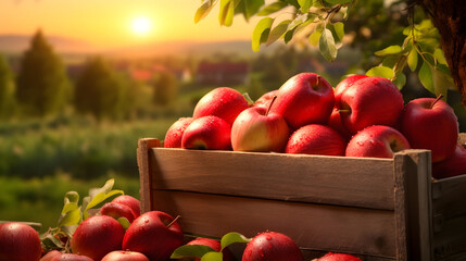 Red apples harvested in a wooden box in apple orchard with sunset. Natural organic fruit abundance....