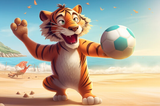 tigers playing volleyball on the beach