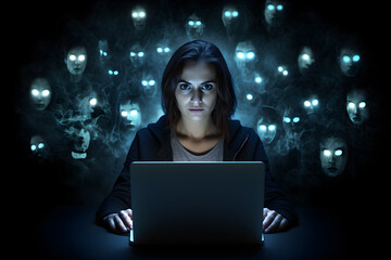 online privacy concept with woman using laptop computer being watched by glowing eyes in the dark background
