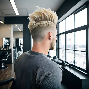 Blond man with long faux hawk hairstyle standing by the window