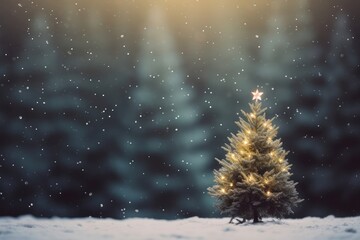 Fototapeta na wymiar Miniature shiny Christmas tree on snow with festive bokeh background.