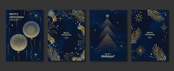 Luxury christmas invitation card art deco design vector. Christmas tree, balloon, foliage, watercolor texture on dark blue background. Design illustration for cover, print, poster, wallpaper.