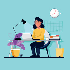 flat illustration of a woman working from home using a laptop