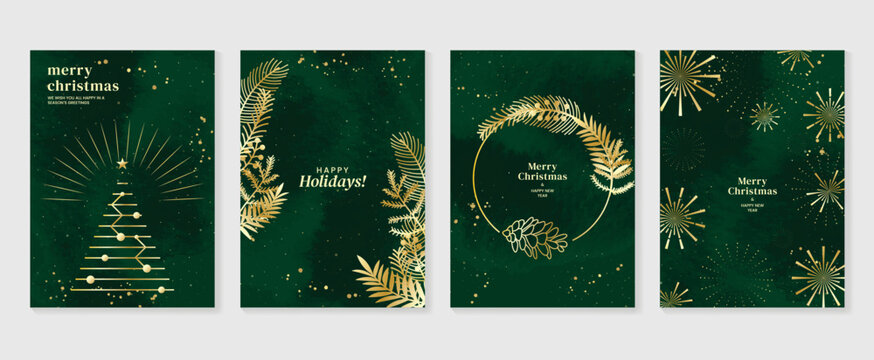 Luxury christmas invitation card art deco design vector. Christmas tree, foliage, firework, wreath, watercolor texture on green background. Design illustration for cover, print, poster, wallpaper.