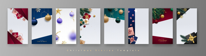 Trendy editable Xmas template for social networks. Set of stories template. Realistic design elements.