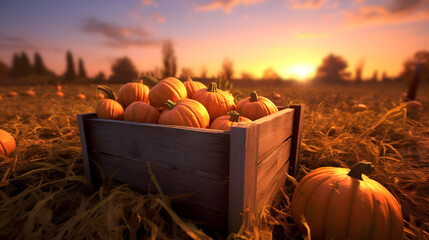 Orange pumpkins harvested in a wooden box with field and sunset in the background. Natural organic fruit abundance. Agriculture, healthy and natural food concept. Horizontal composition. - Powered by Adobe
