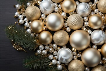 White and golden Christmas tree toy balls in festive background.