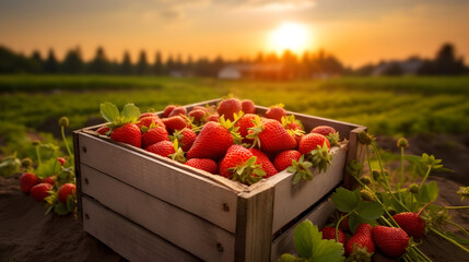 Strawberries harvested in a wooden box in a field with sunset. Natural organic fruit abundance. Agriculture, healthy and natural food concept.