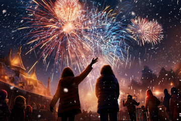 Fototapeta na wymiar Christmas or New Year celebration. People outdoors looking at fireworks