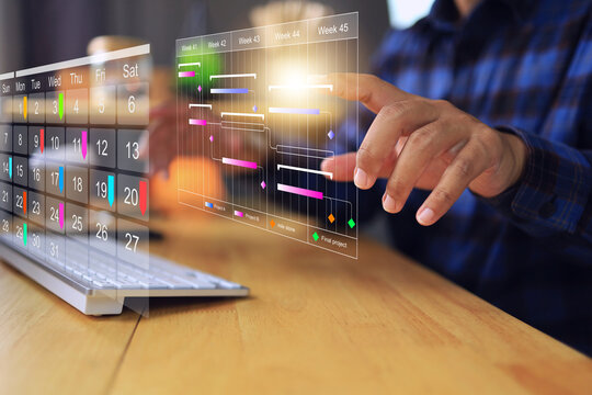 Business schedule calendar concept with businessman manage work on gantt chart to planning project working table and task monitoring on weekly plan