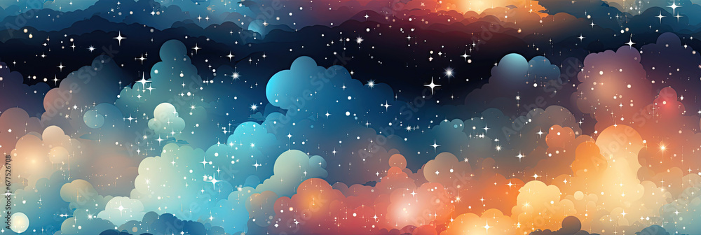 Wall mural seamless pattern with clouds and stars on night starry multicolored sky