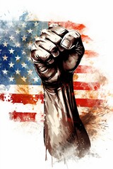 Happy Martin Luther King Jr. Day with fist, afro hand.