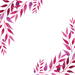 Fototapeta na wymiar watercolor frame with pink and magenta leaves, hand drawn illustration, sketch, rose color, purple color herbal ornament, template with corner decoration isolated on white background