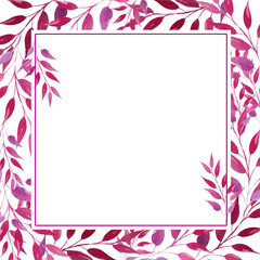 watercolor square frame with pink and magenta leaves, hand drawn illustration, sketch, rose color, purple color herbal ornament, isolated on white background
