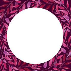 watercolor round frame with pink and magenta leaves, hand drawn illustration, sketch, rose color, purple color herbal ornament, white frame on dark purple background