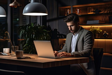 man typing on laptop in home office at night time