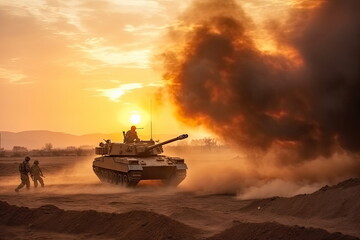  soldiers crosses warzone with fire and smoke in the desert, military special forces, tank - obrazy, fototapety, plakaty
