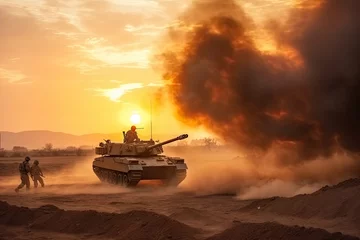Papier Peint photo Feu  soldiers crosses warzone with fire and smoke in the desert, military special forces, tank