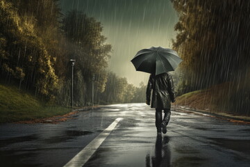 A man walks with holding an umbrella