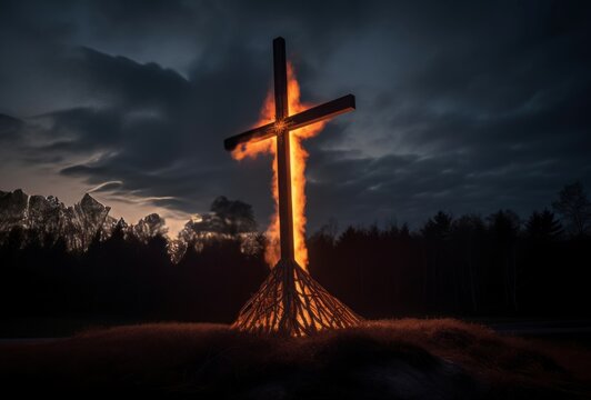 Burning cross fire in dark night. Spring hot fire flaming cross. Generate Ai