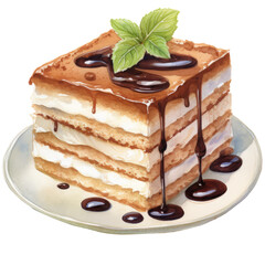 Tiramisu in a white plate. Watercolor illustration. transparent background