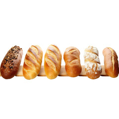 Six baguettes arranged in a row on a transparent background.