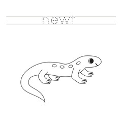 Trace the letters and color cartoon newt. Handwriting practice for kids.