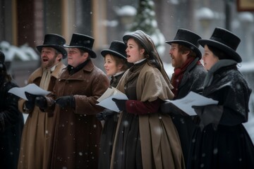 Carolers dressed victorian attire singing street outdoor. Tourism holiday period clothing. Generate Ai - obrazy, fototapety, plakaty