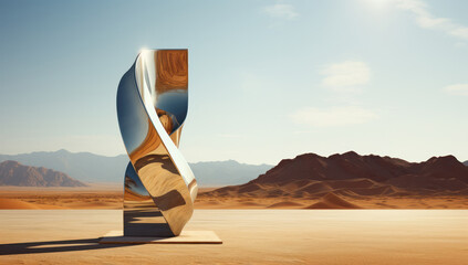 Stylish deformed steel object in the middle of the desert, Generative AI