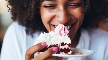 Young beautiful african woman eating a cake with cream closeup