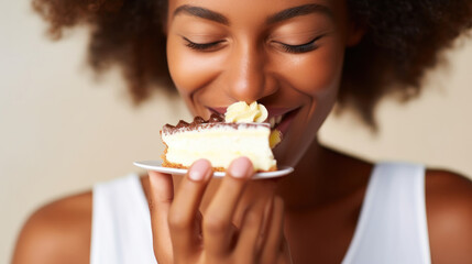 Young beautiful african woman eating a cake with cream closeup