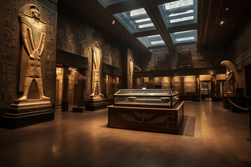 Immerse in the mystique of ancient Egypt inside a museum wing, adorned with walls etched in hieroglyphs and the lustrous presence of golden sarcophagi. - obrazy, fototapety, plakaty