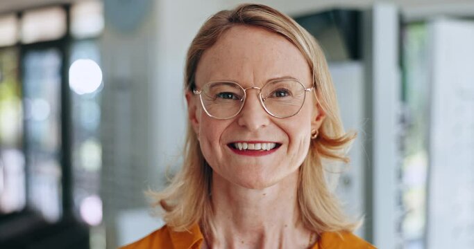 Optometry, spectacles and face of senior woman in a clinic for vision, eye care or health with positive attitude. Happy, smile and portrait of female person from Mexico with glasses in optical store.