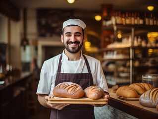 Latin man holding tray of bread in bakery shop - Powered by Adobe