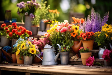 Gardening, different spring and summer flowers, gardening tools on garden table - obrazy, fototapety, plakaty