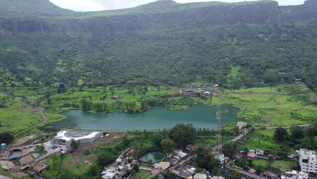 Aerial view of famous tourist attraction Ahilya Dam in Trimbakeshwar during monsoon, Nashik