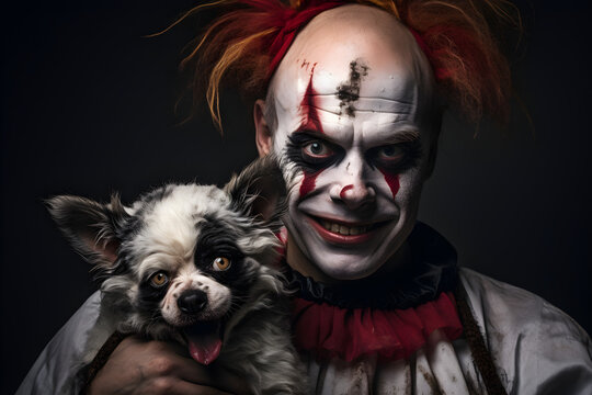 portrait of a scary psycho killer clown and his pet puppy