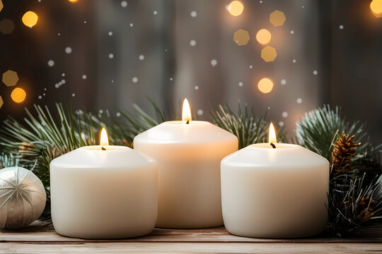 Christmas background with burning candles and Christmas tree decorations on a wooden background.