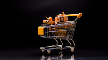 Online shopping concept with gifts in cart on smartphone of tablet screen. Shallow field of view.