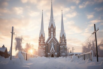 Church Steeples in Snow - Generative AI - obrazy, fototapety, plakaty