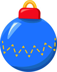 Christmas blue glass ball toy. Xmas tree decoration in cartoon style. Festive New Year vector icon isolated on white background for decoration of holiday design