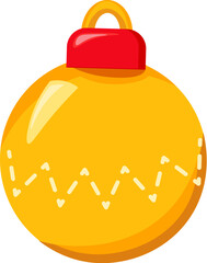 Christmas yellow shiny ball toy. Xmas tree decoration in cartoon style. Festive New Year vector icon isolated on white background for decoration of holiday design