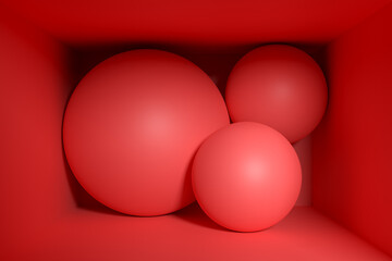 Abstract minimalist background design with red spheres in a box.