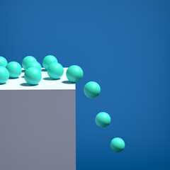 Many green balls or spheres fall over edge of white box against blue background.