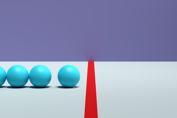 Leadership, rules or crossing the lines concepts. A row of blue balls at the edge of a red line.