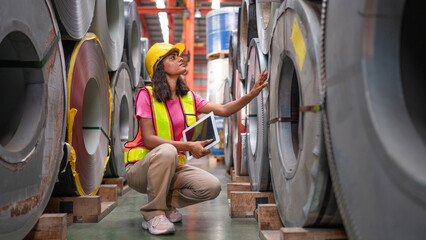 Portrait of women staff worker Standing counting and inspecting products in the metal sheet...