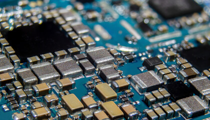 Macro shot of the smartphone's main board with surface mounted passive and active components